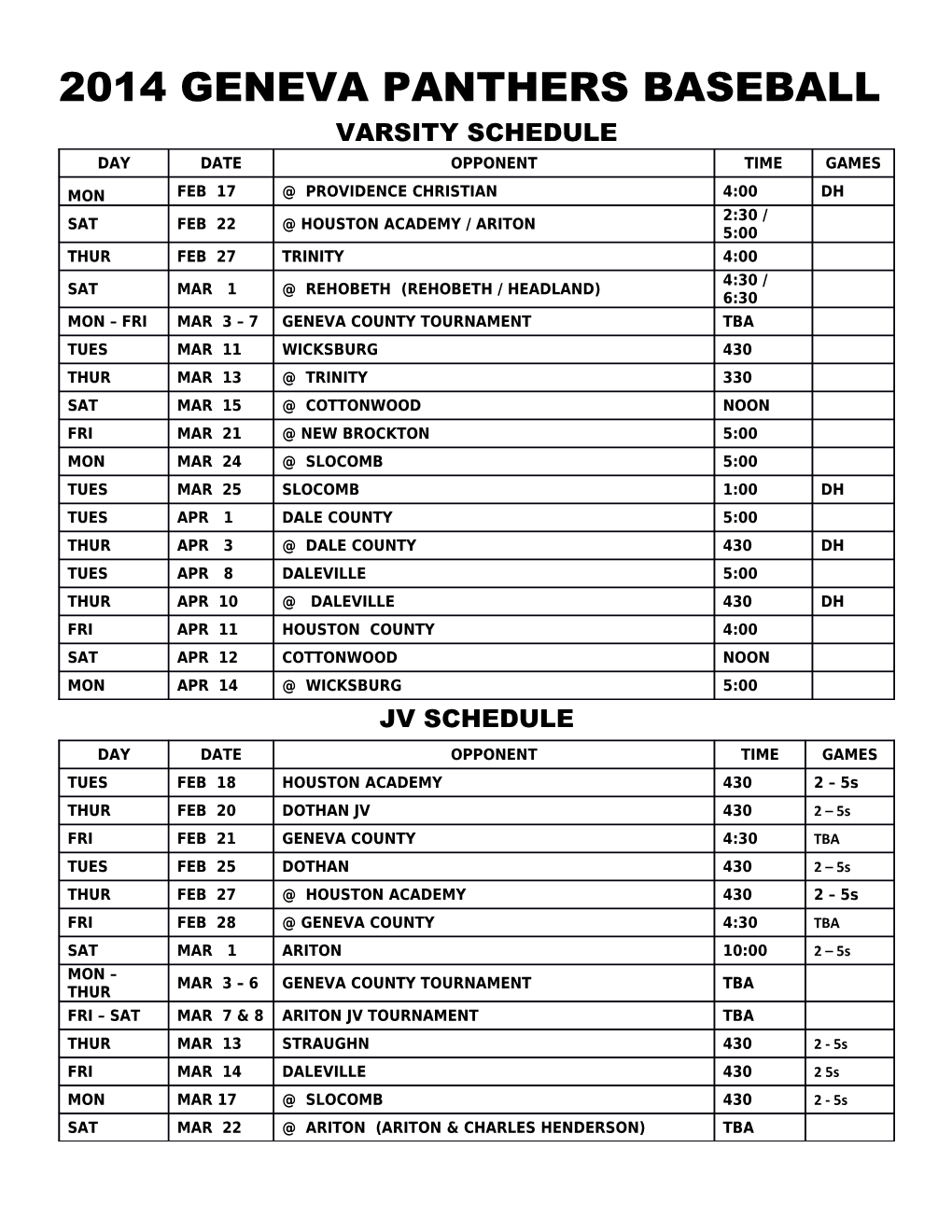 2 014 Geneva Panthers Baseball