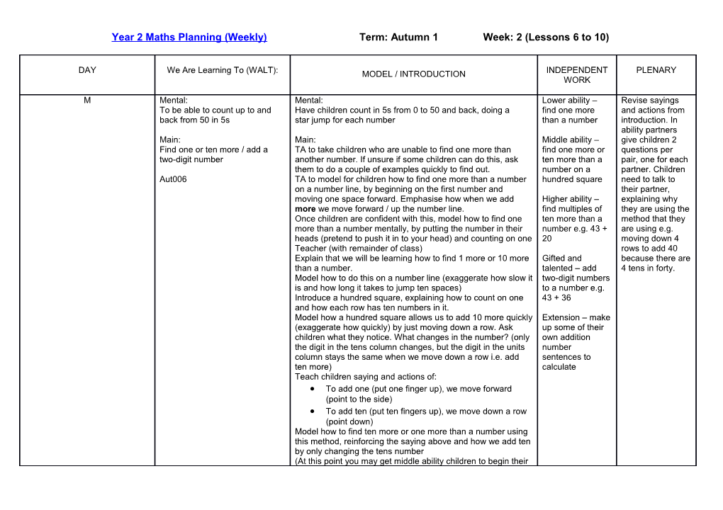 Year 2 Maths Planning (Weekly)