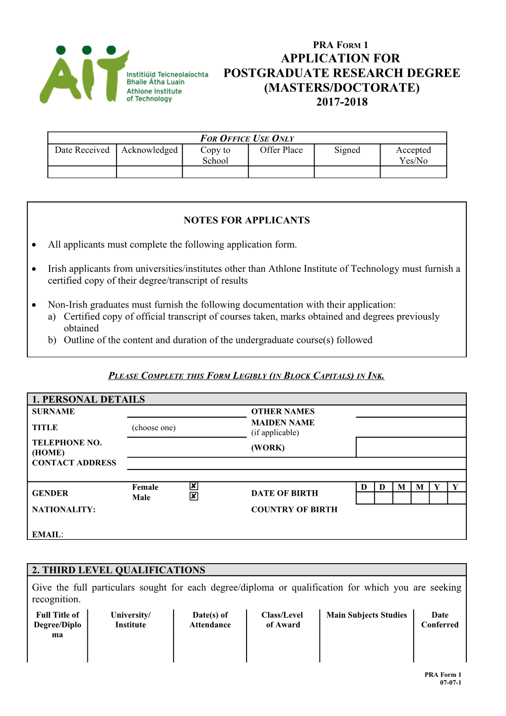 Application for Postgraduate Research Degree
