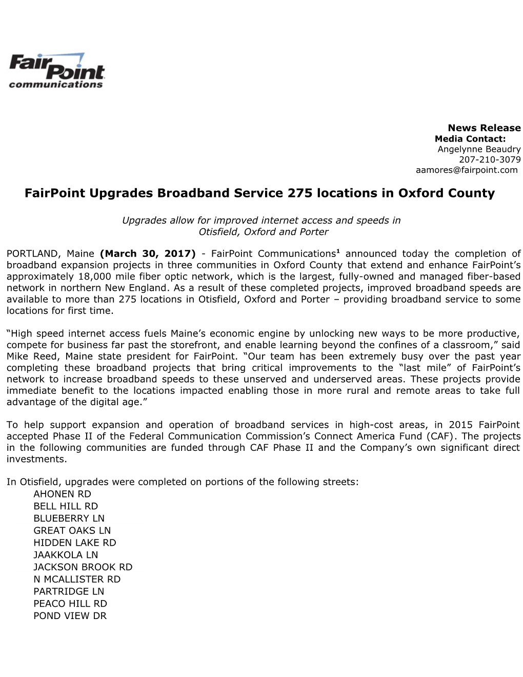 Fairpoint Upgrades Broadband Service 275 Locations in Oxford County