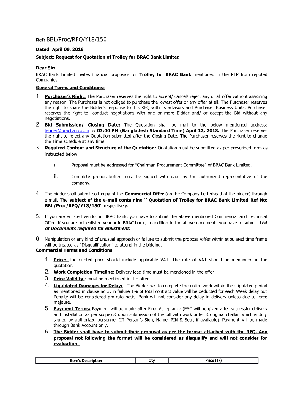 Subject: Request for Quotation of Trolleyfor BRAC Bank Limited