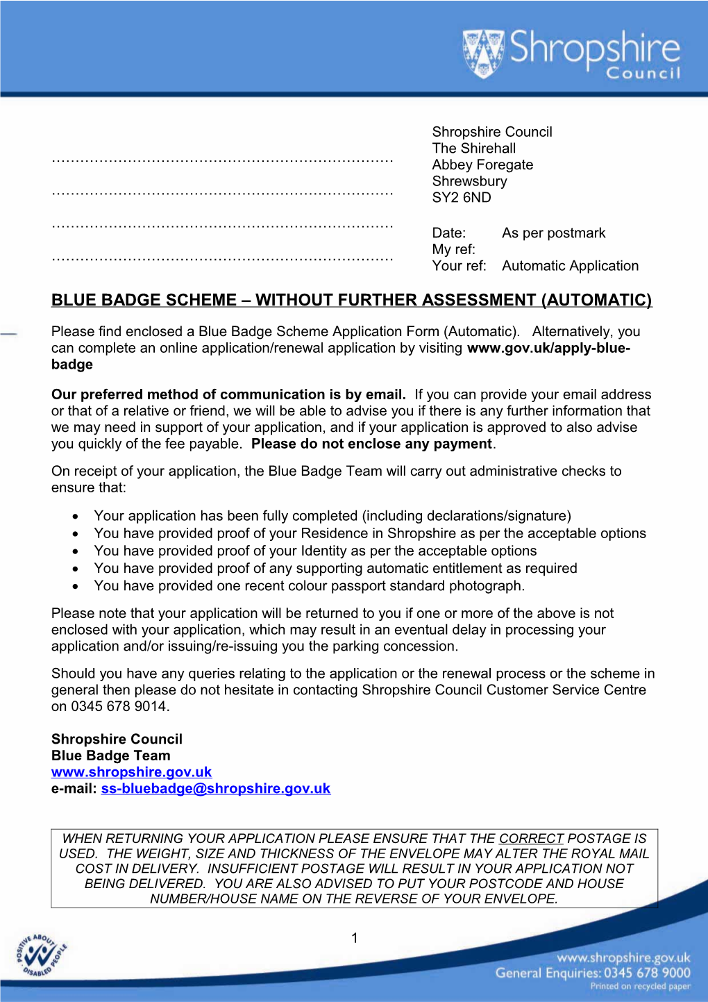 Blue Badge Scheme Without Further Assessment (Automatic)