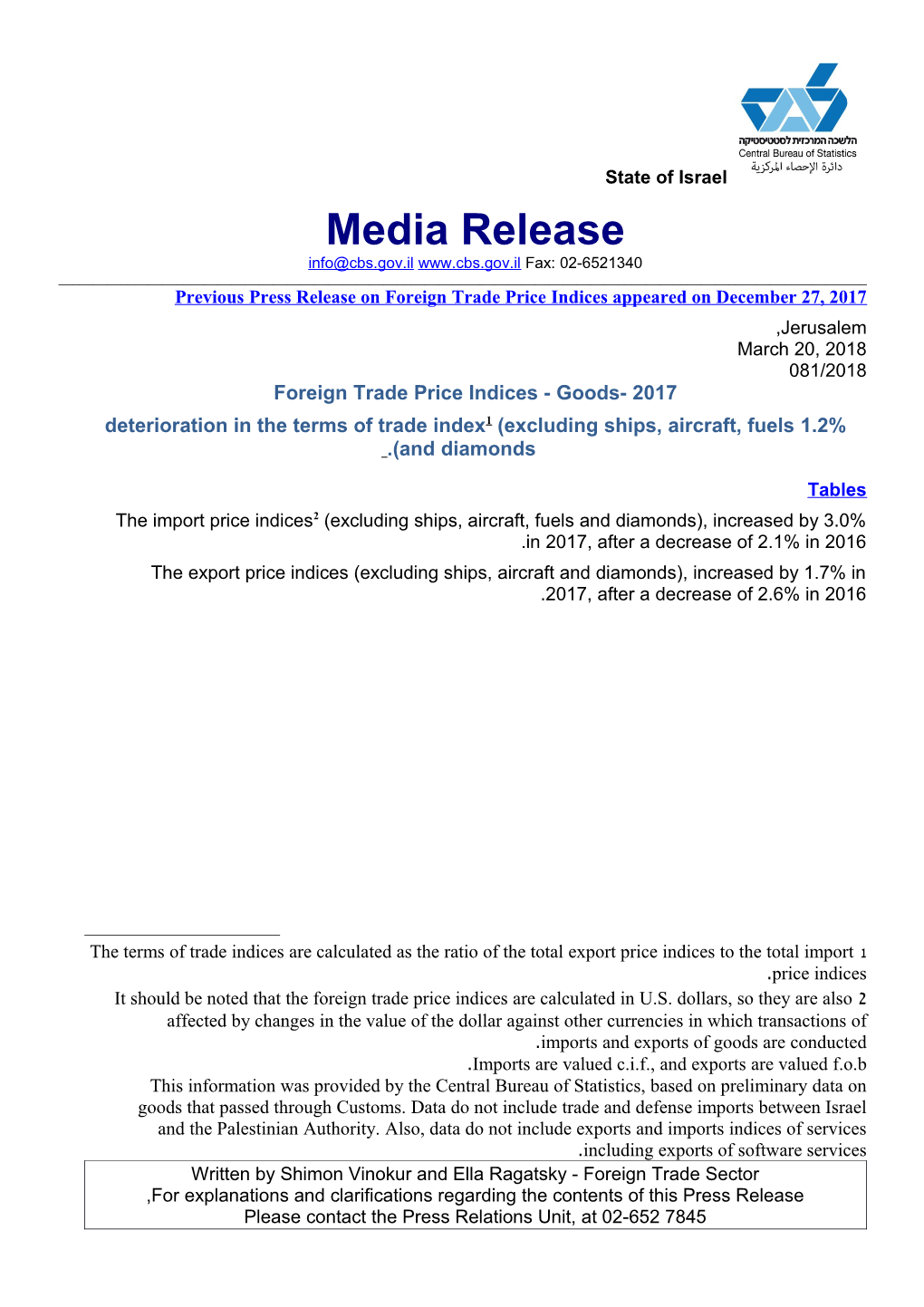 Previous Press Release on Foreign Trade Price Indices Appeared on December27, 2017