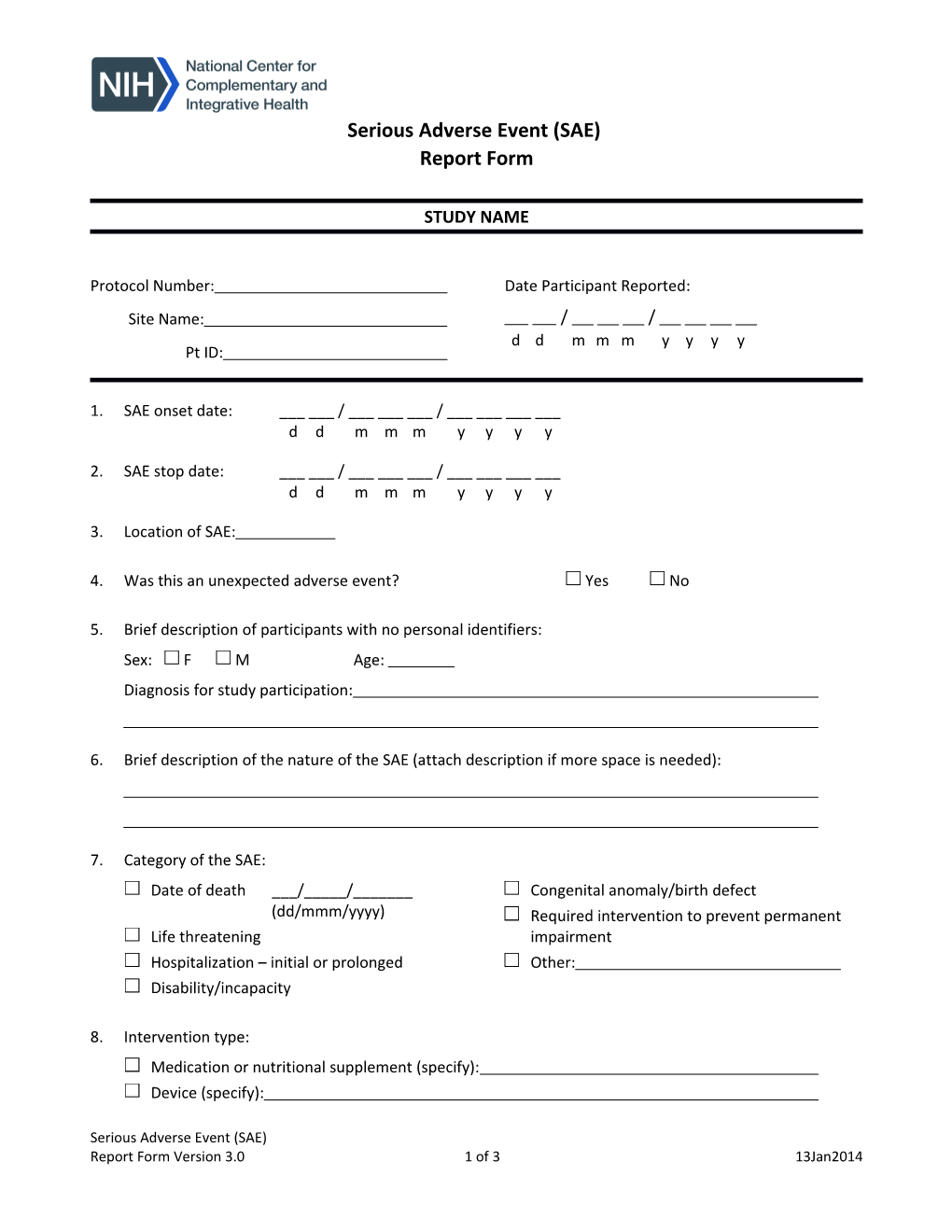 Serious Adverse Event (SAE) Report Form