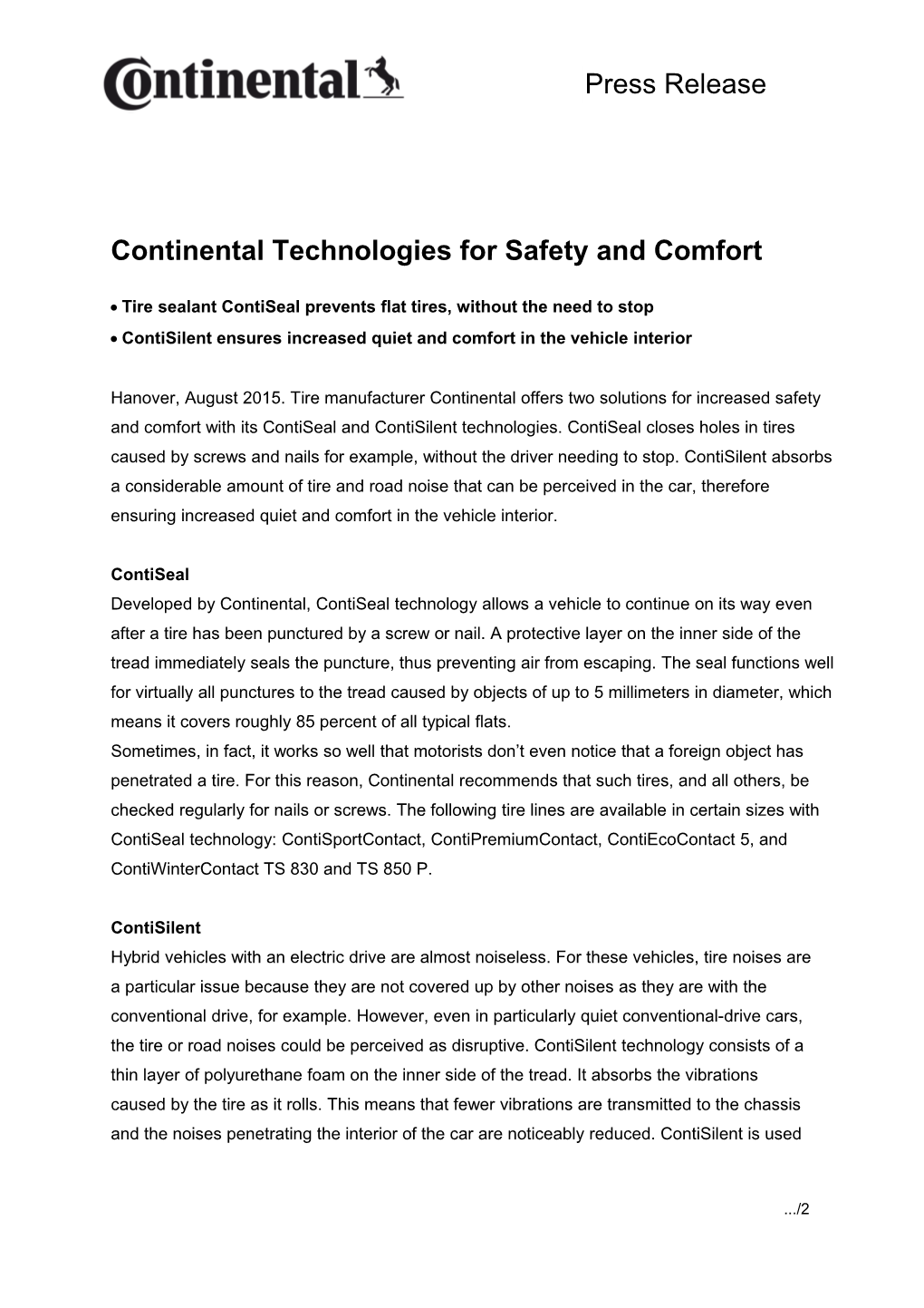Continental Technologies for Safety and Comfort