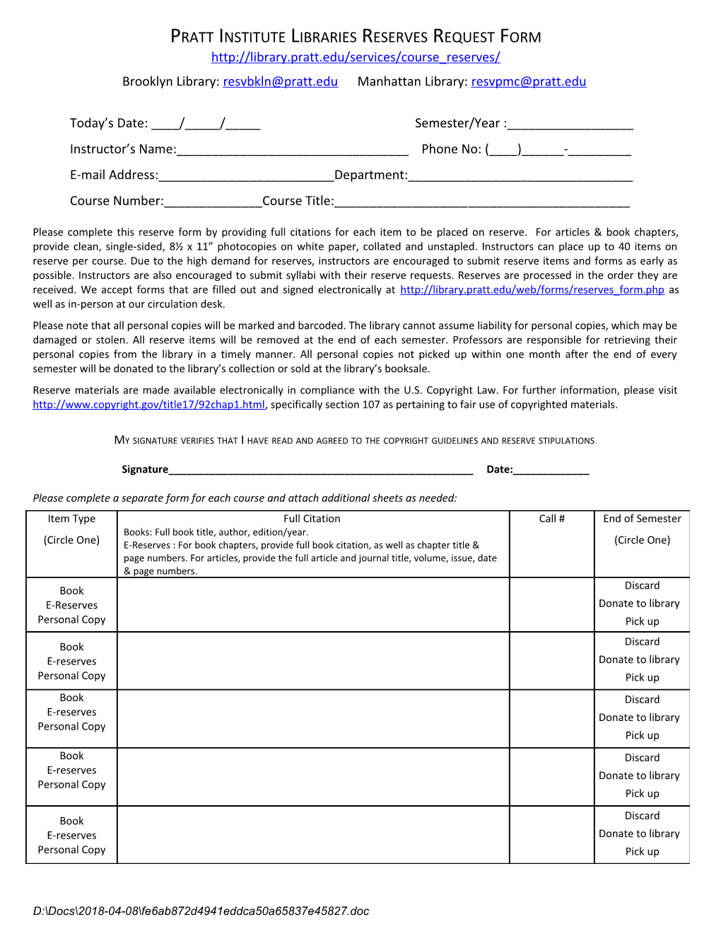 Pratt Institute Libraries Reserves Request Form