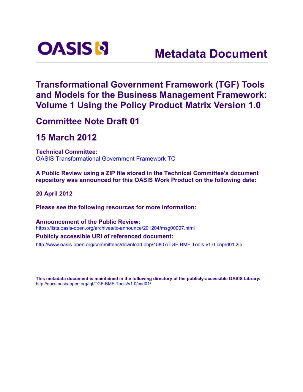 OASIS Metadata Document