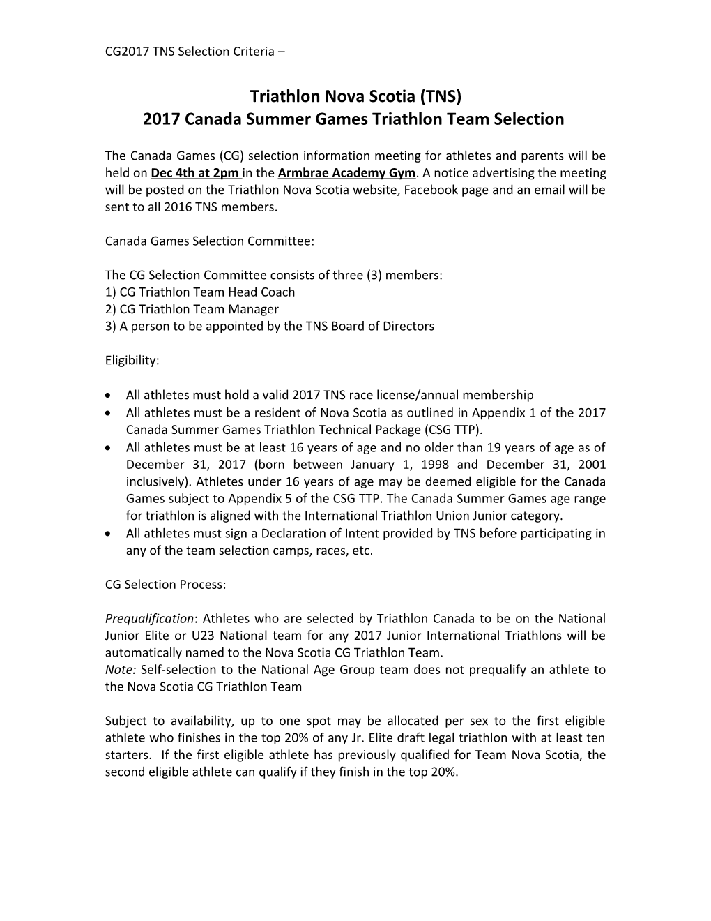 2017 Canada Summer Games Triathlon Team Selection