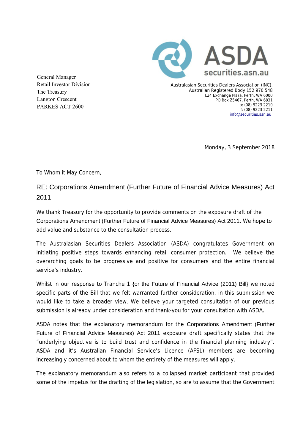 Submission to Exposure Draft - Corporations Amendment (Further Future of Financial Advice