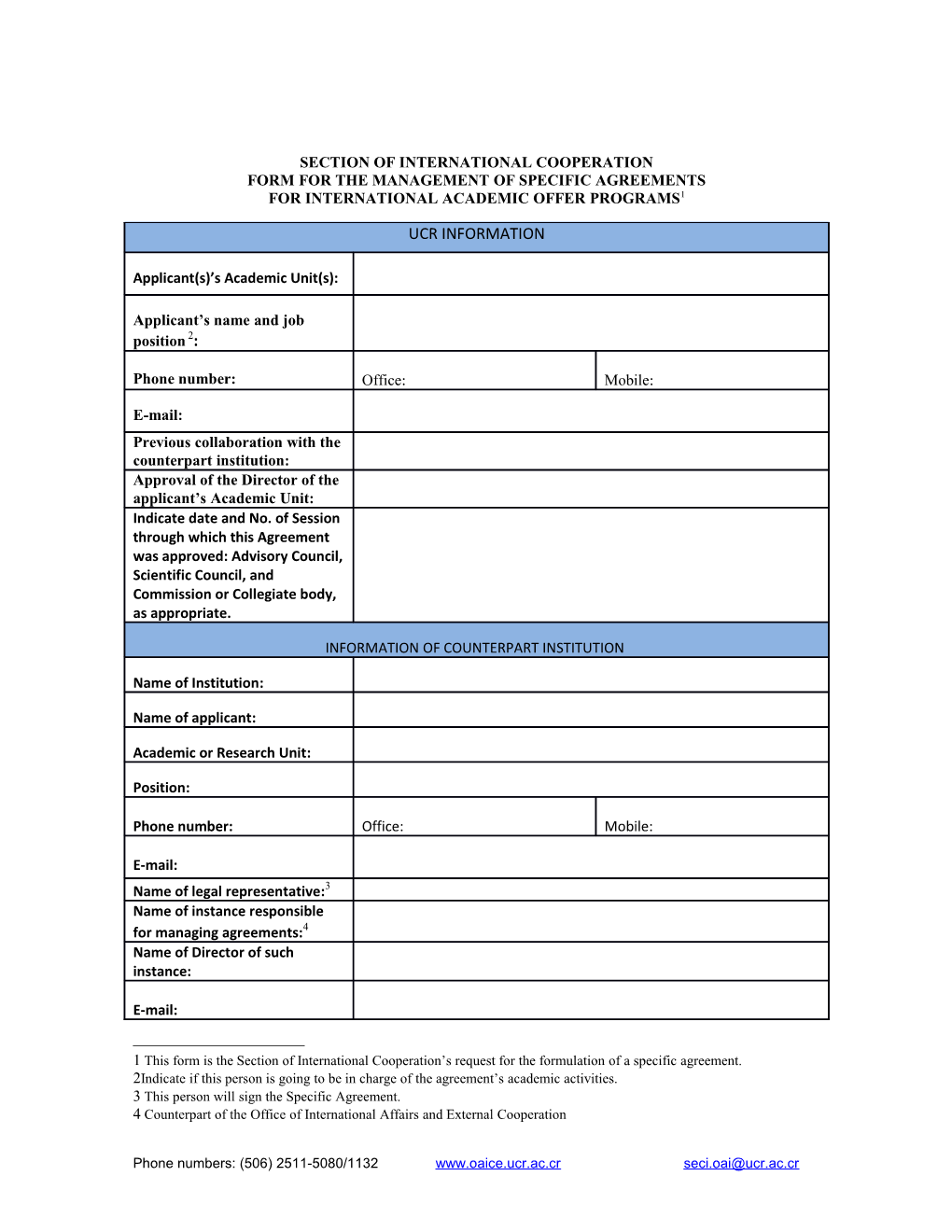 Form for the Management of Specific Agreements