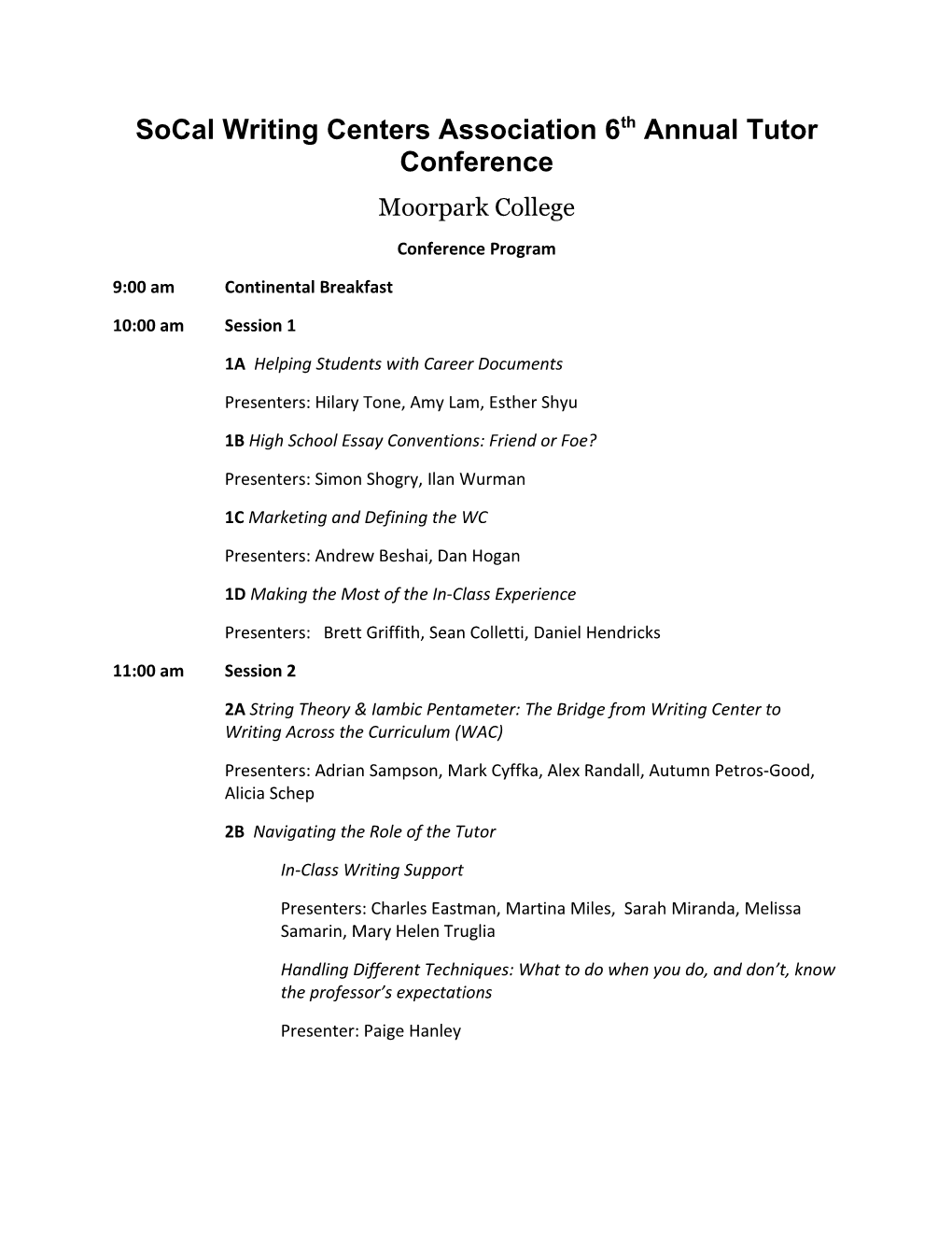 Socal Writing Centers Association 6Th Annual Tutor Conference