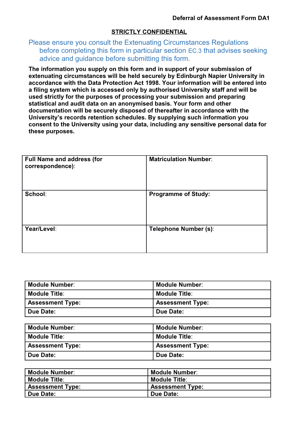 Deferral of Assessment Form DA1