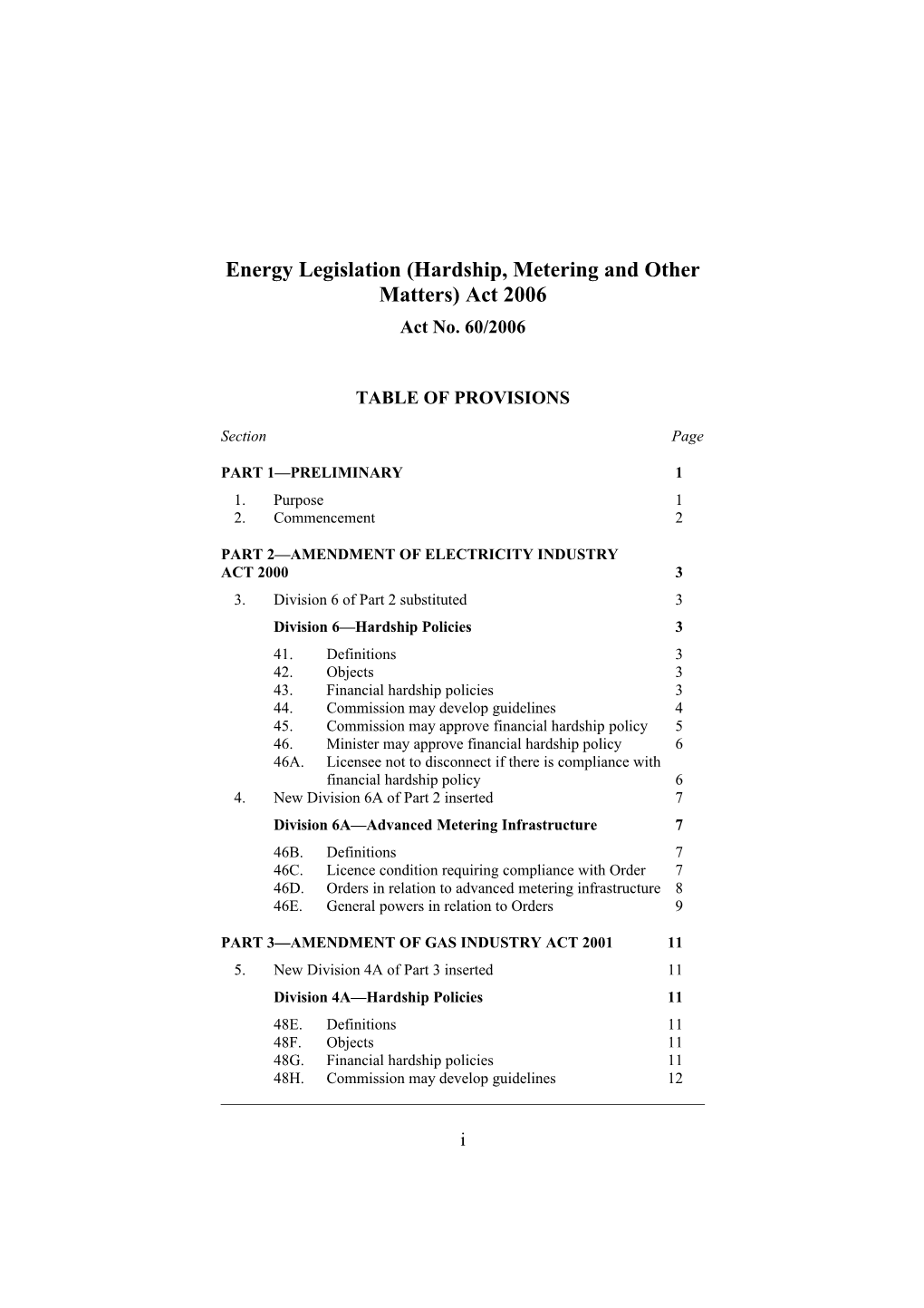 Energy Legislation (Hardship, Metering and Other Matters) Act 2006