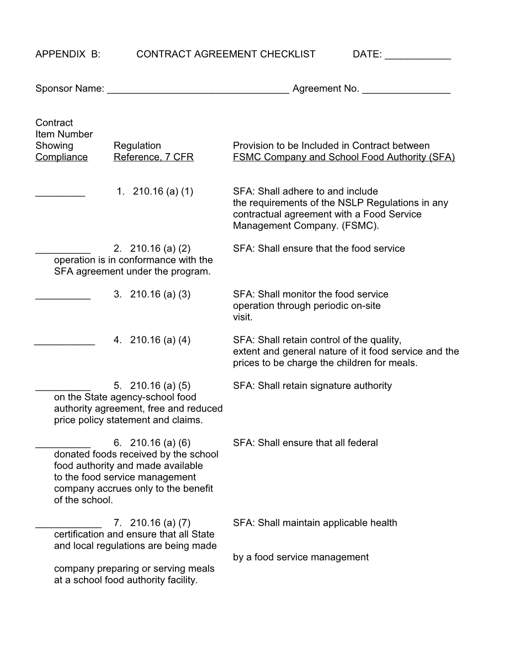 Appendix B: Contract Agreement Checklist Date: ______