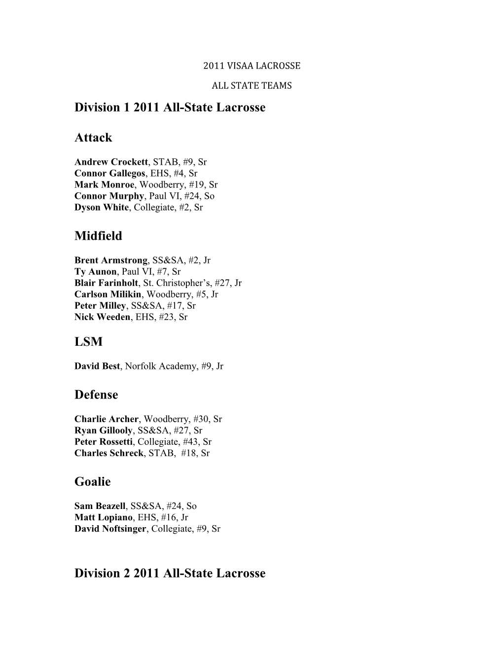 Division 1 2011 All-State Lacrosse