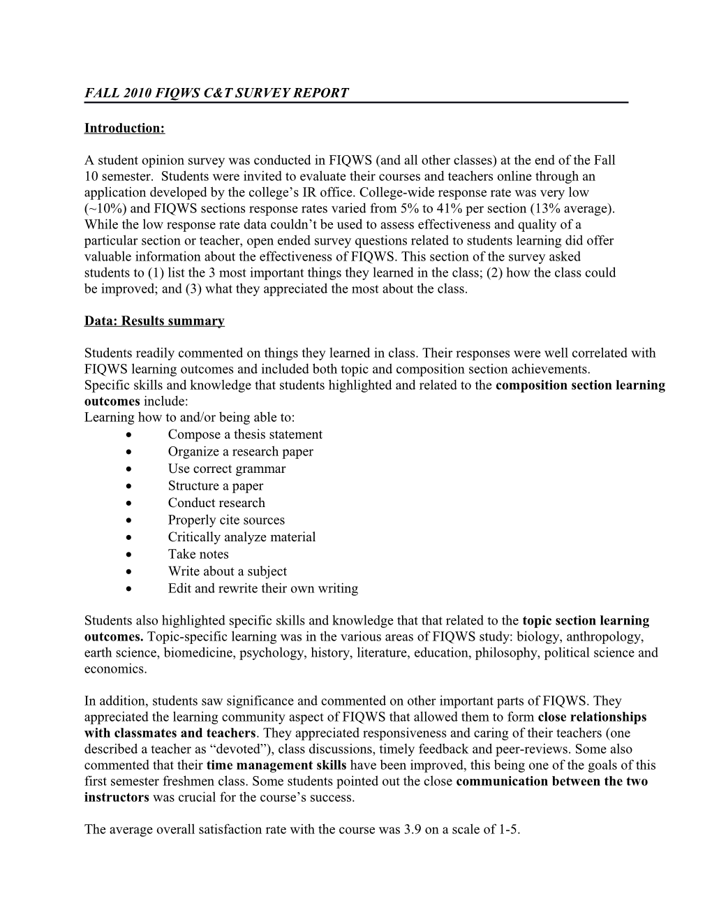 Fall 2010 Fiqws C&T Survey Report