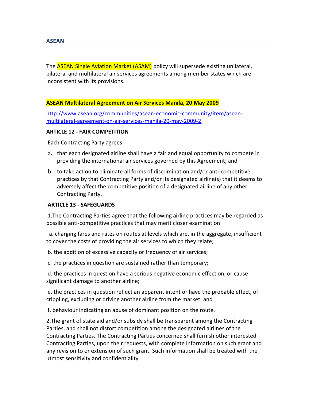 ASEAN Multilateral Agreement on Air Services Manila, 20 May 2009