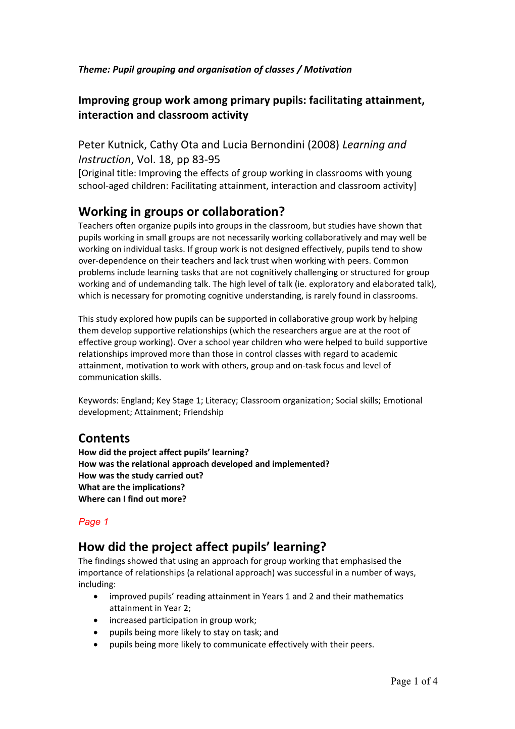 Theme: Pupil Grouping and Organisation of Classes / Motivation