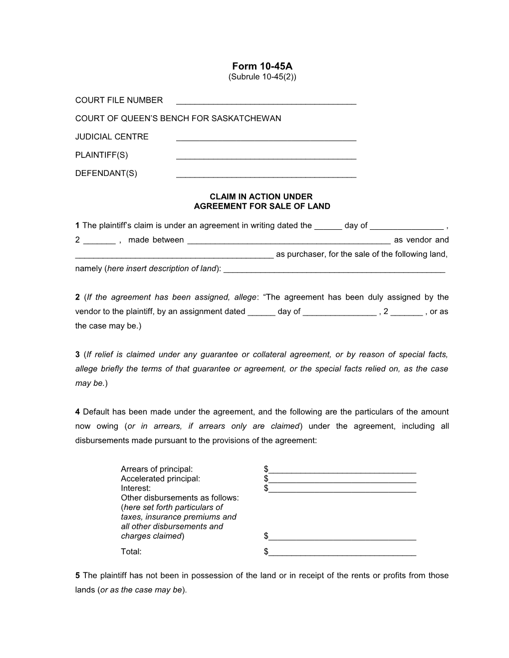 Claim in Action Under Agreement for Sale of Land