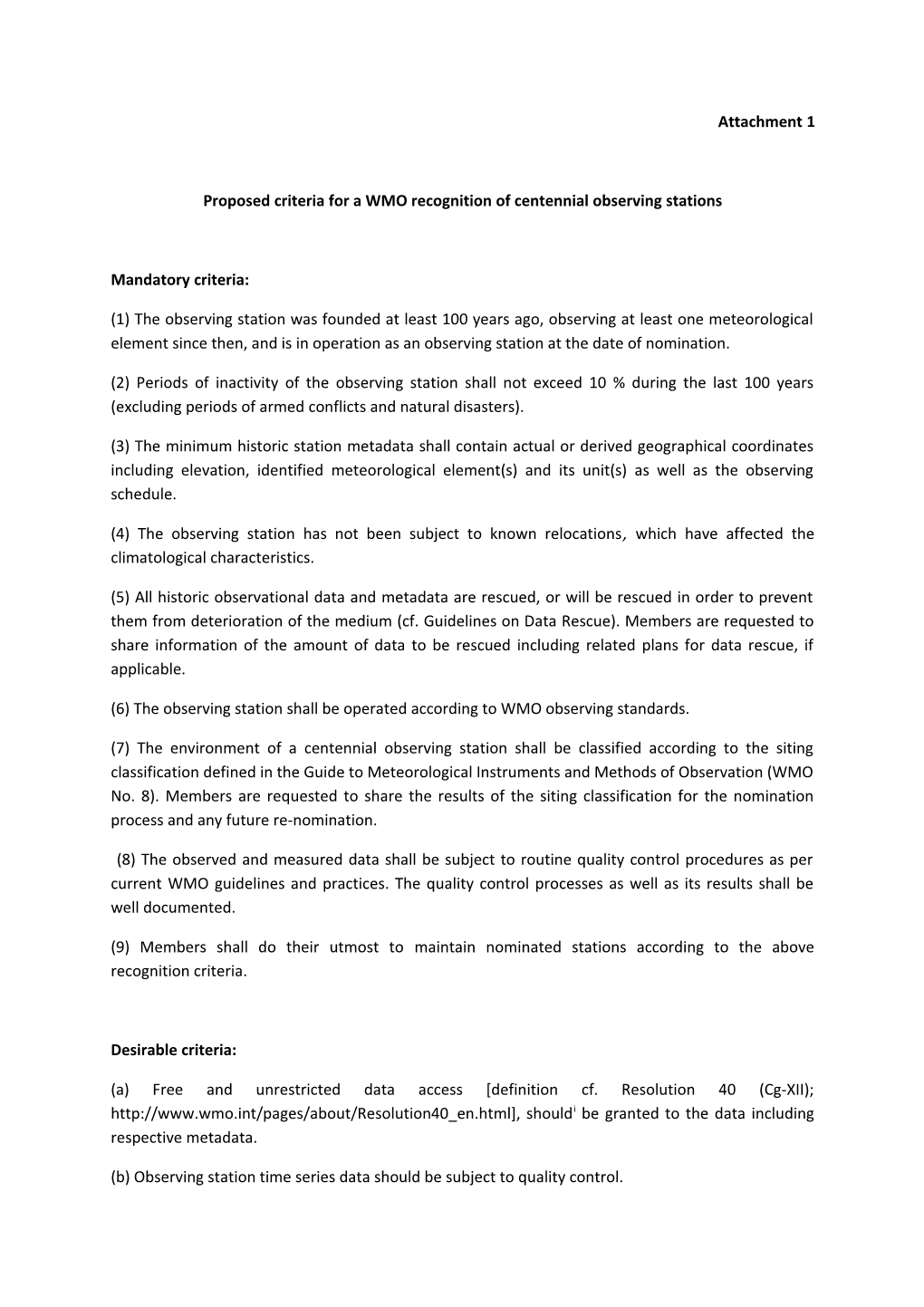 Draft Criteria for a Potential WMO Designation of Centennial Observing Stations