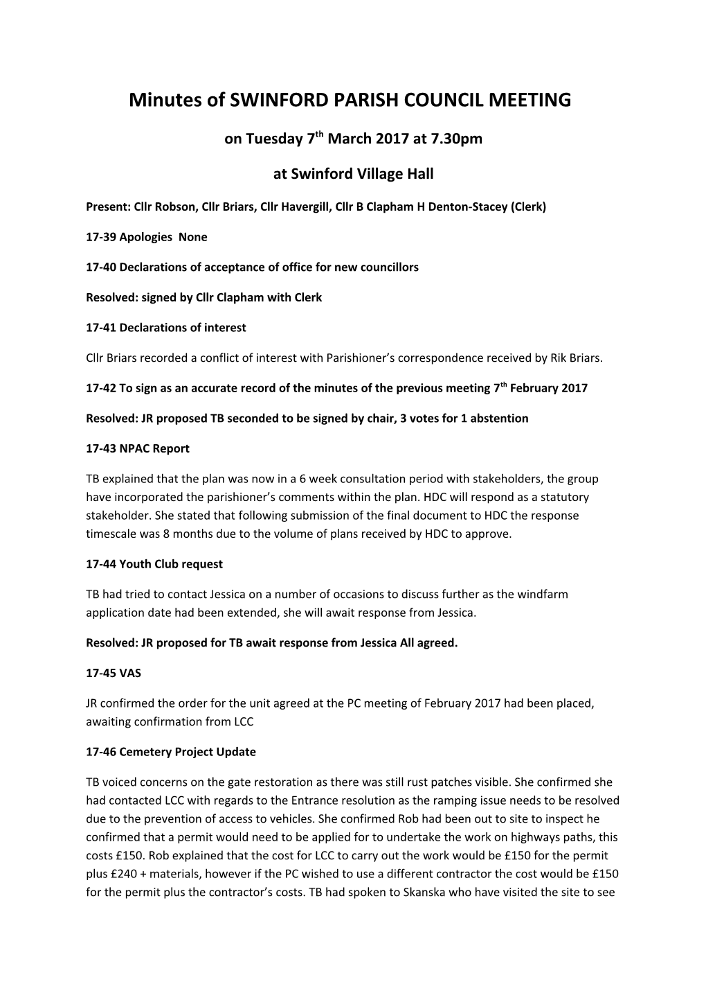 Minutes of SWINFORD PARISH COUNCIL MEETING