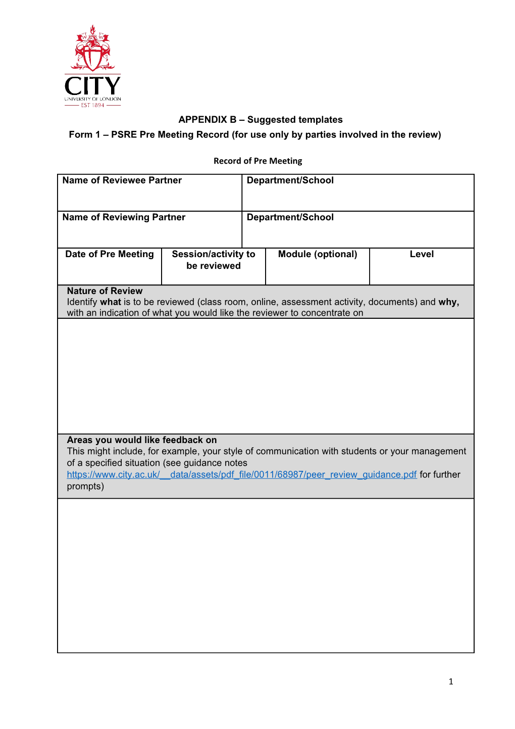 Form 1 PSRE Pre Meeting Record (For Use Only by Parties Involved in the Review)