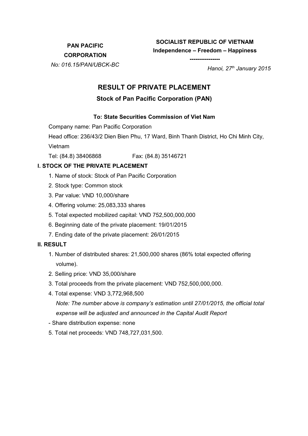 Stock of Pan Pacific Corporation (PAN)