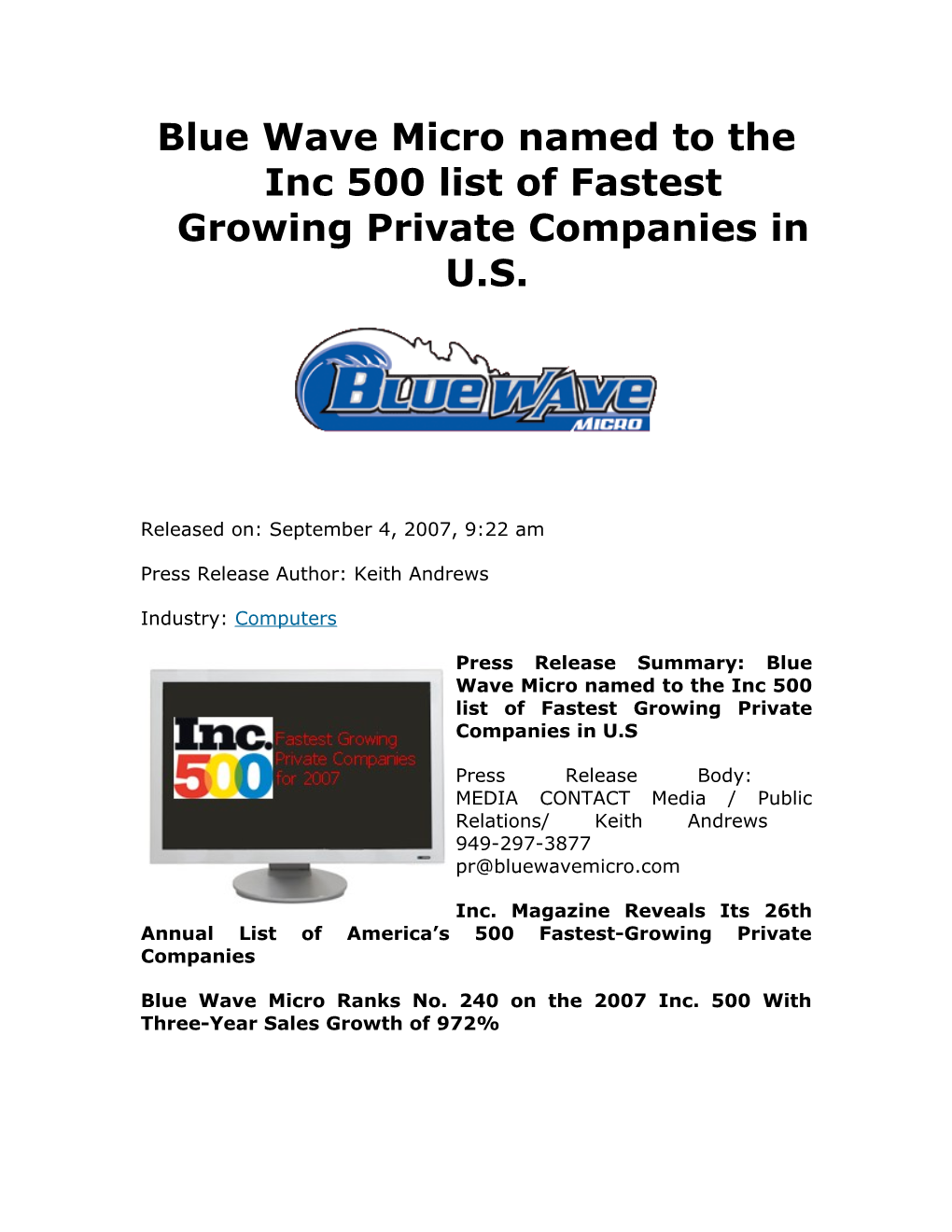 Blue Wave Micro Named to the Inc 500 List of Fastest Growing Private Companies in U