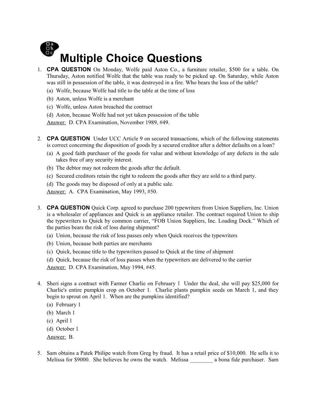 CPA QUESTION:Multiple Choice Questions