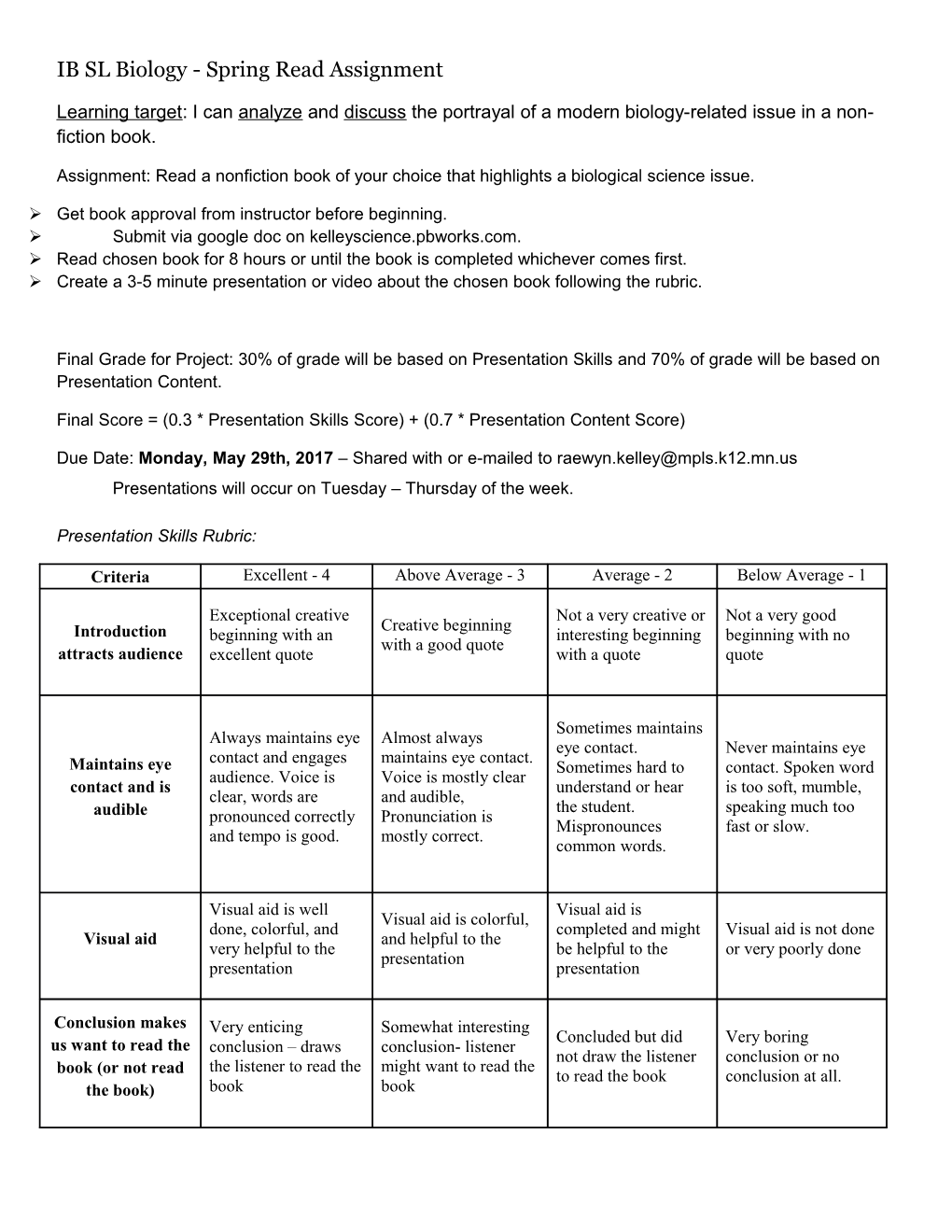 IB SL Biology - Spring Read Assignment