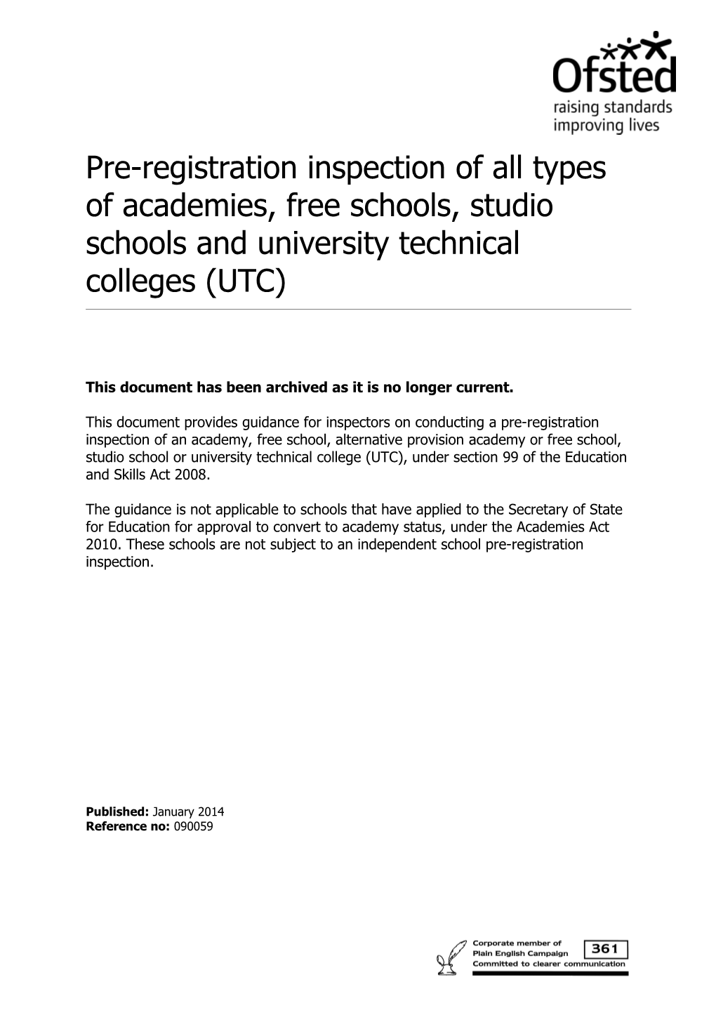 2.7 Pre-Registration Inspections to Academies Free Schools Studio Schools Utcs
