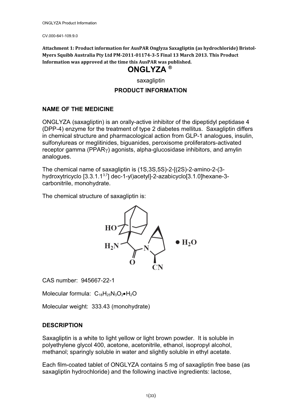 Auspar Attachment 1: Product Information for Onglyza