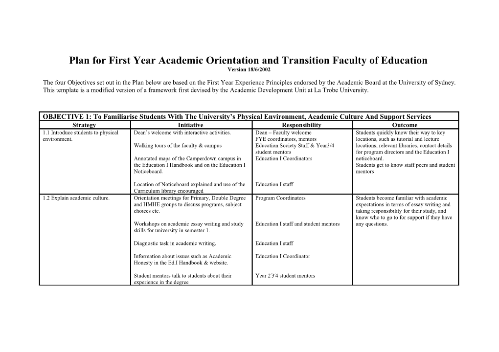 Plan for First Year Academic Orientation and Transition Faculty of Education