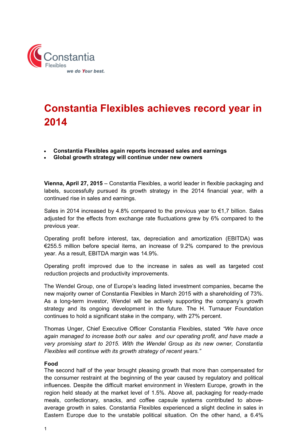 Constantia Flexibles Achieves Record Year in 2014