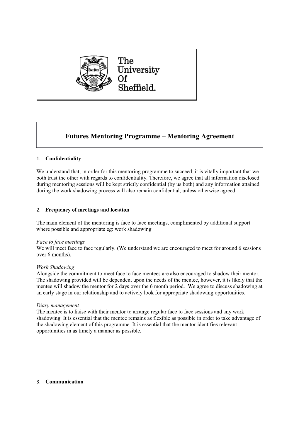 Futures Mentoring Programme Mentoring Agreement