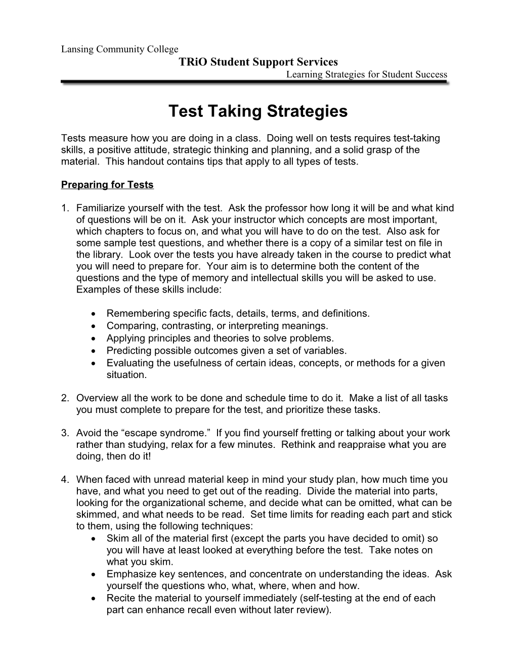 Study Skills - Test Taking - Trio Student Support Services