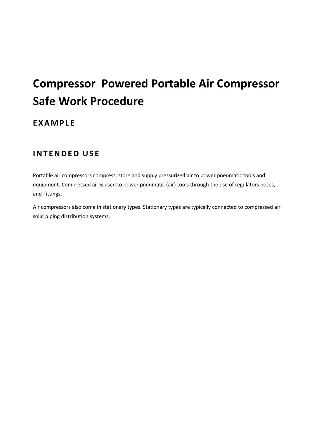 SWP-001 Compressor - Portable Air Compressor Safe Work Procedure