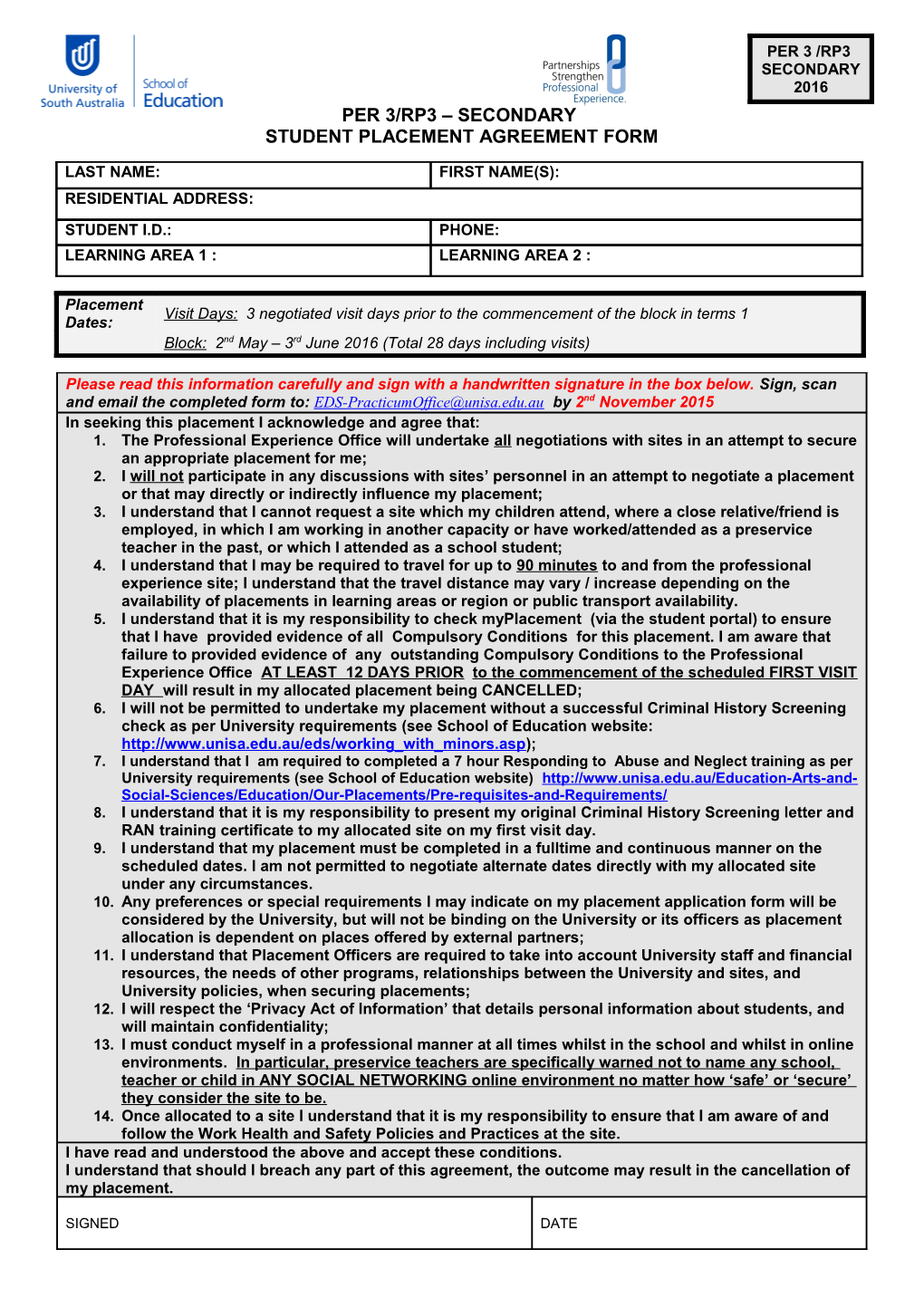 Student Placement Agreement Form