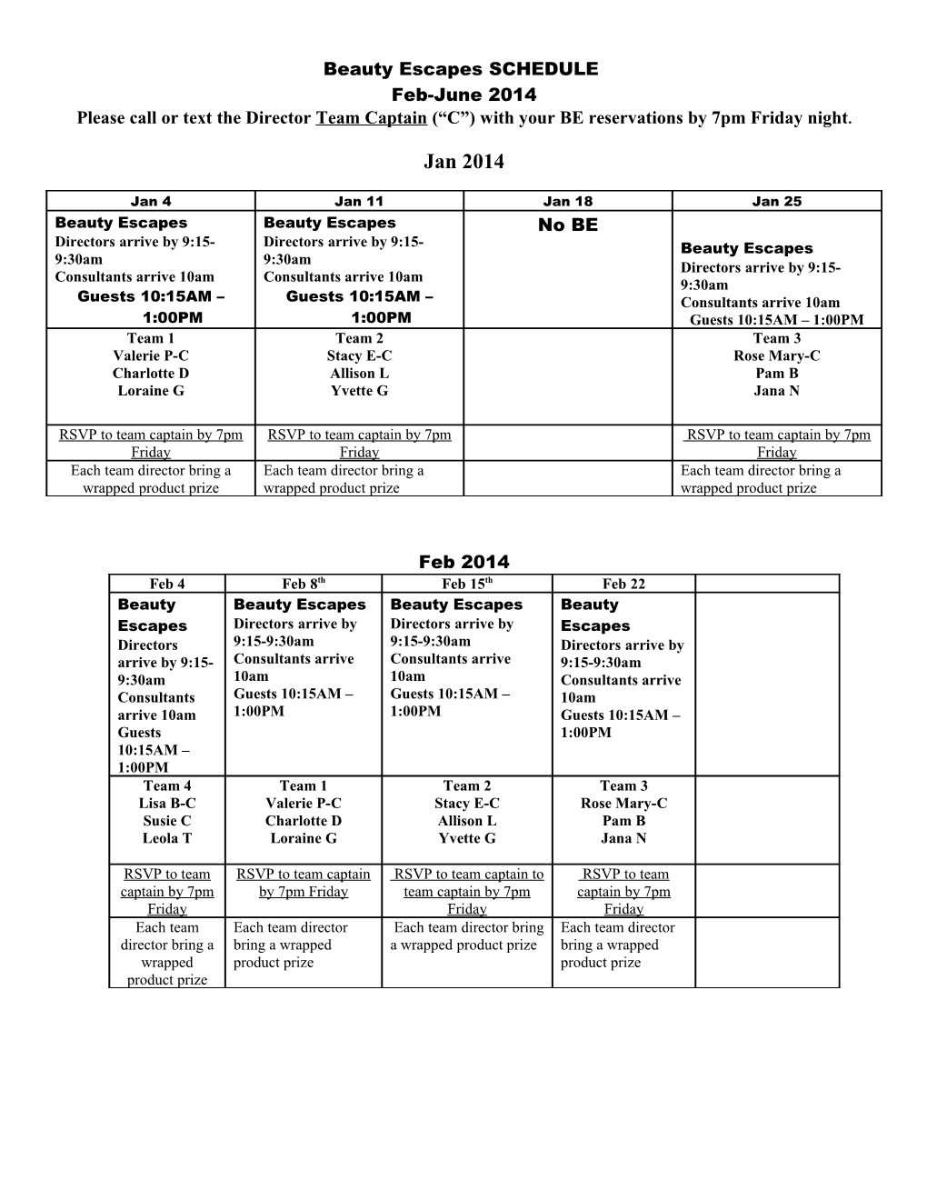 Star Team Training Schedule