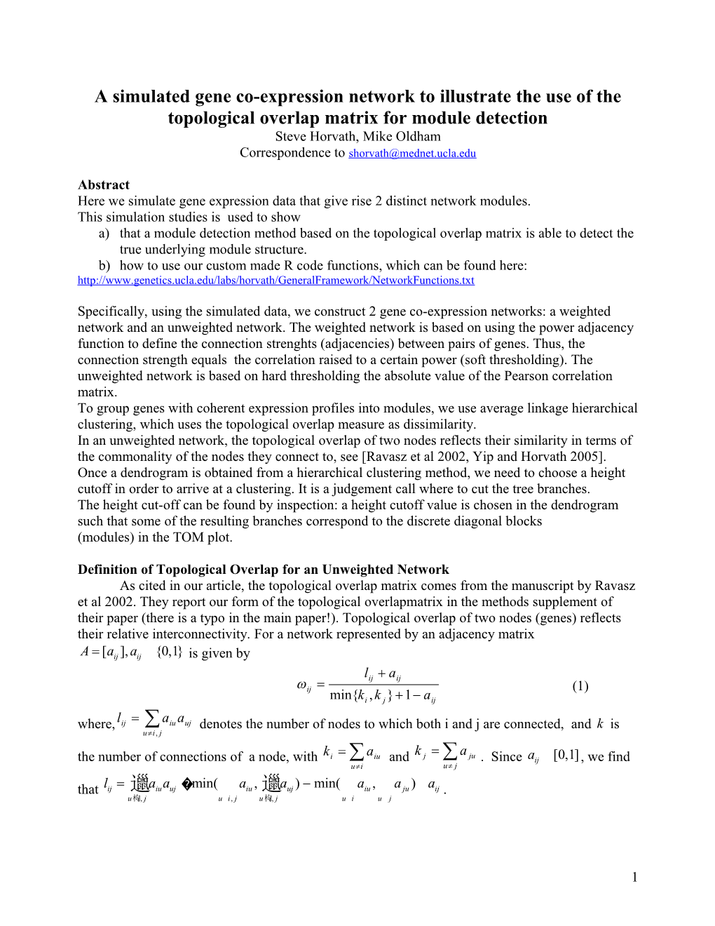 A Simulated Gene Co-Expression Network to Illustrate the Use of the Topological Overlap