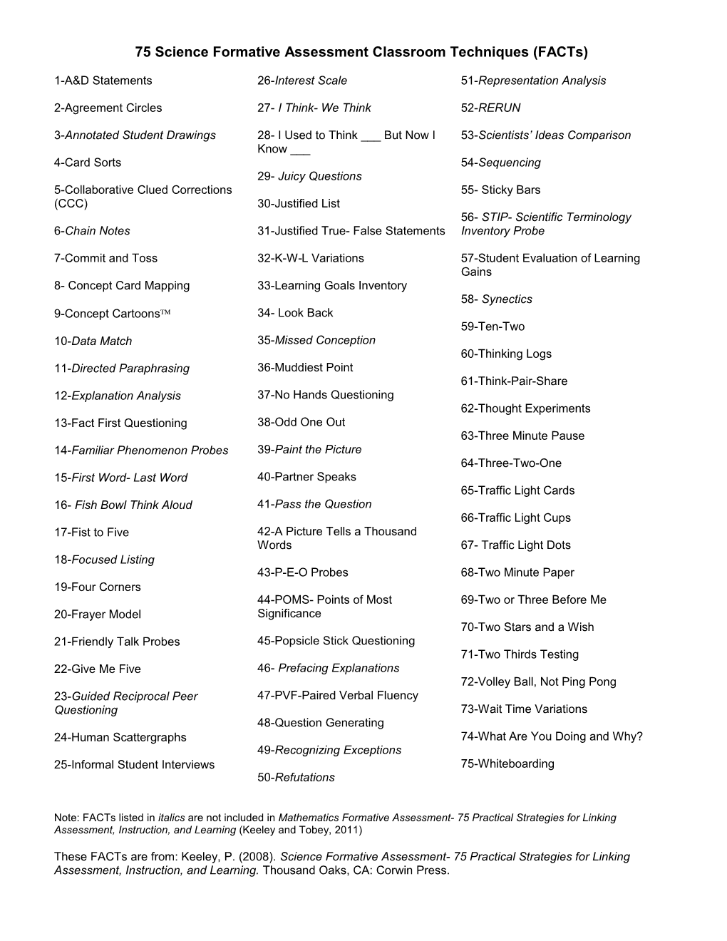 75 Science Formative Assessment Classroom Techniques (Facts)