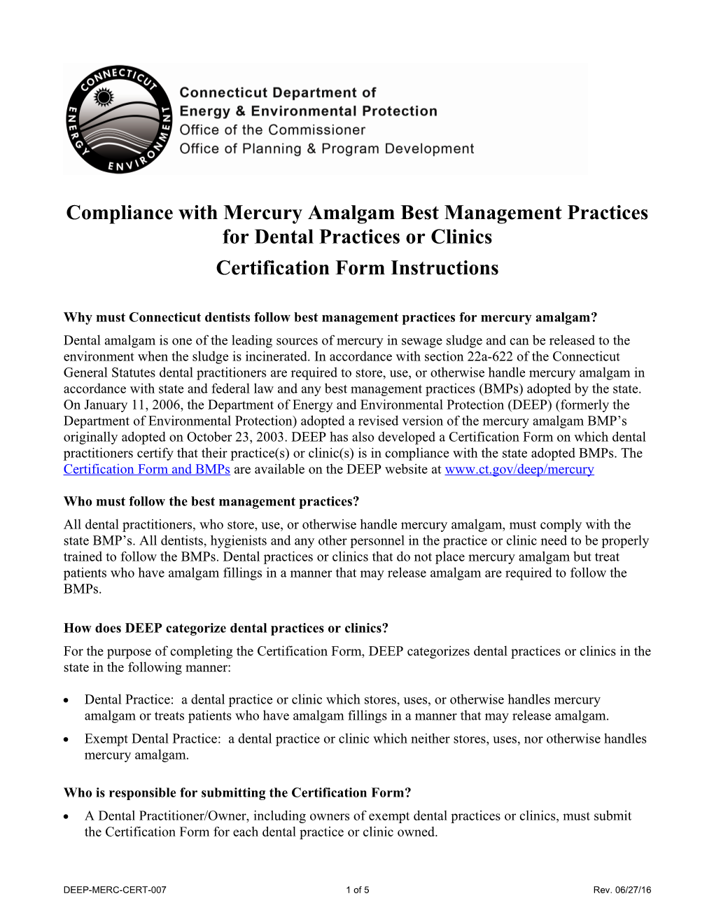 Compliance With Best Management Practices For Dental Offices – Certification Form