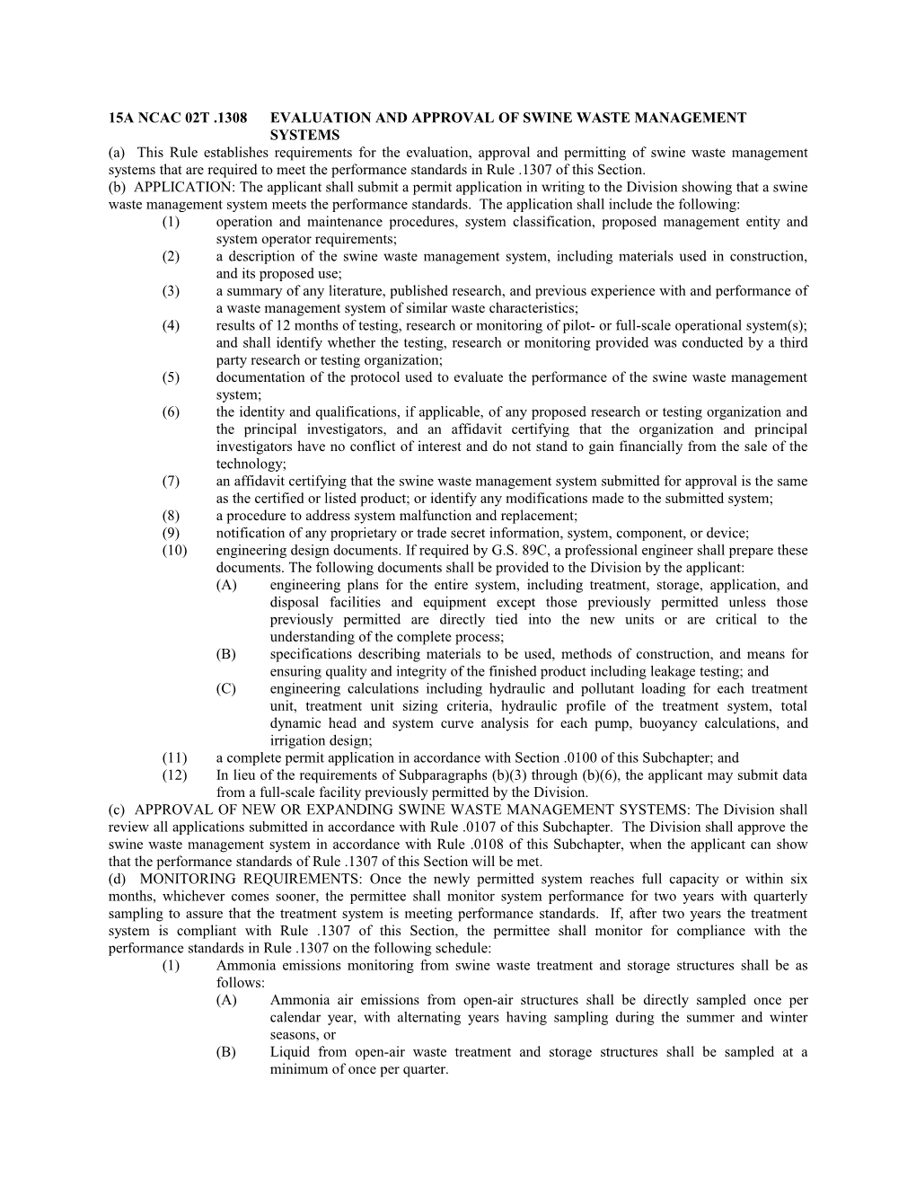 15A Ncac 02T .1308Evaluation and Approval of Swine Waste Management Systems
