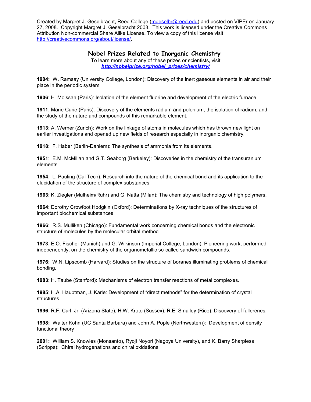 Nobel Prizes in Inorganic Chemistry