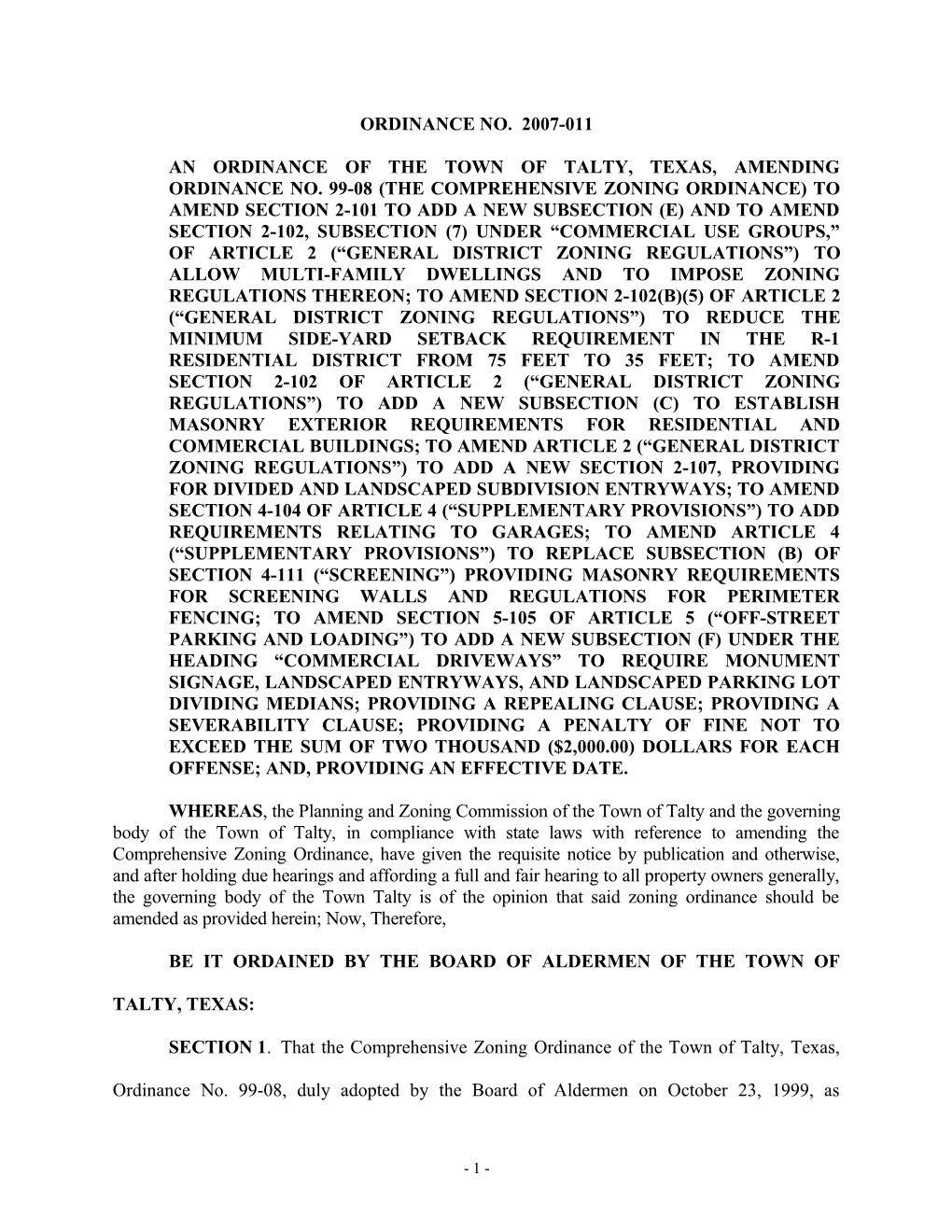 An Ordinance of the Town of Talty, Texas, Amending Ordinance No. 99-08 (The Comprehensive