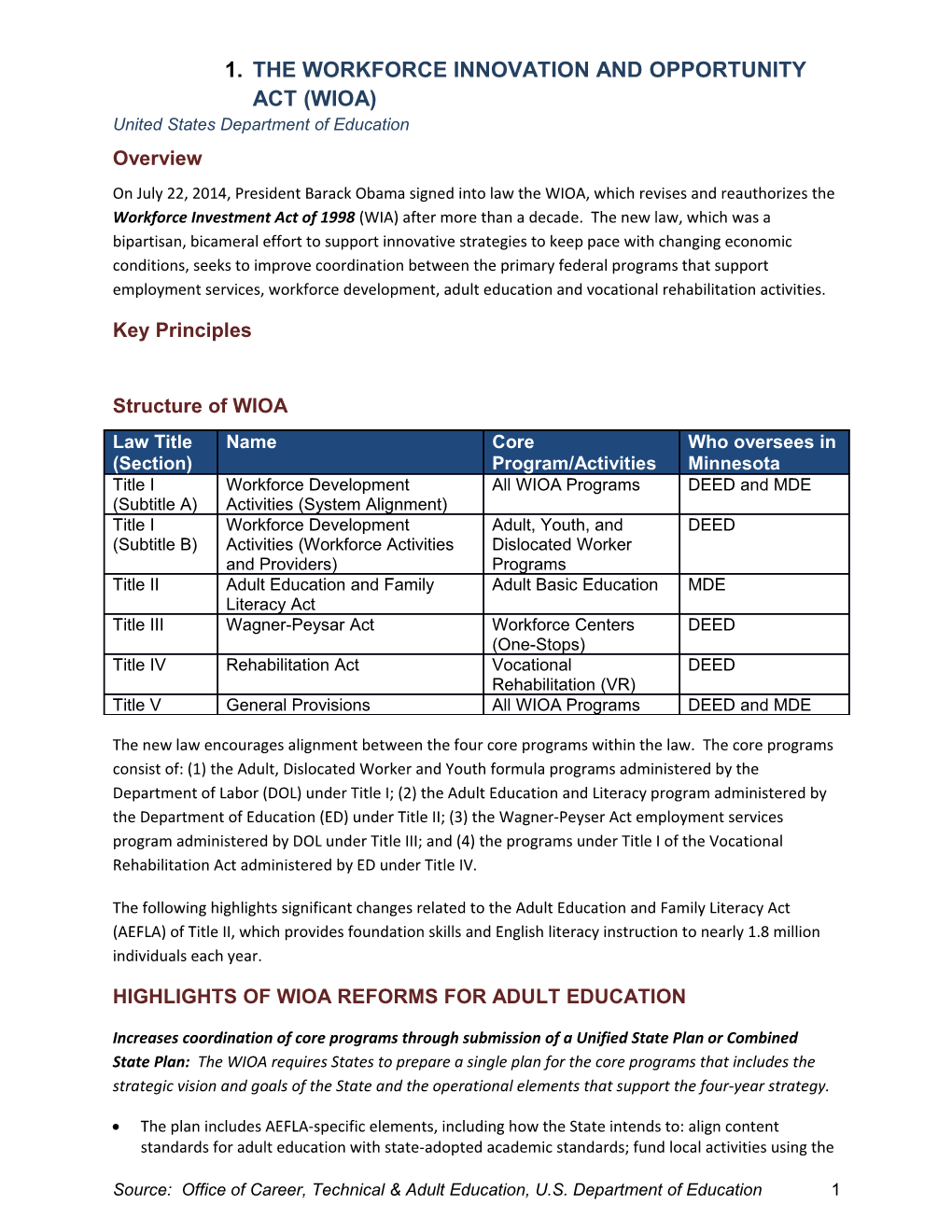 The Workforce Innovation and Opportunity Act (Wioa)