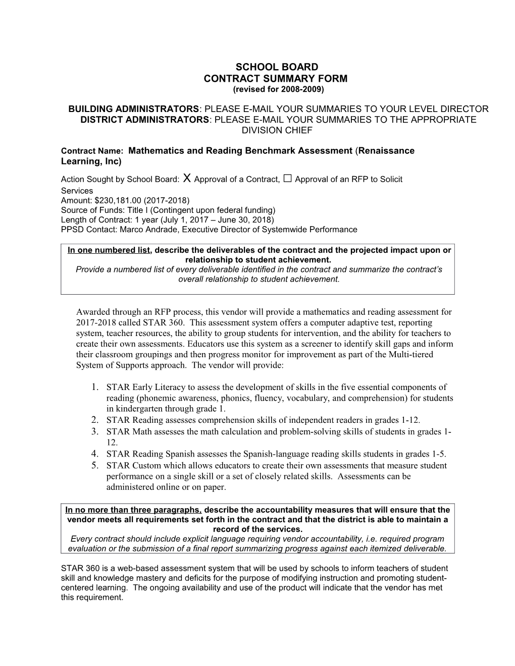 Contract Name: Mathematics and Reading Benchmark Assessment (Renaissance Learning, Inc)