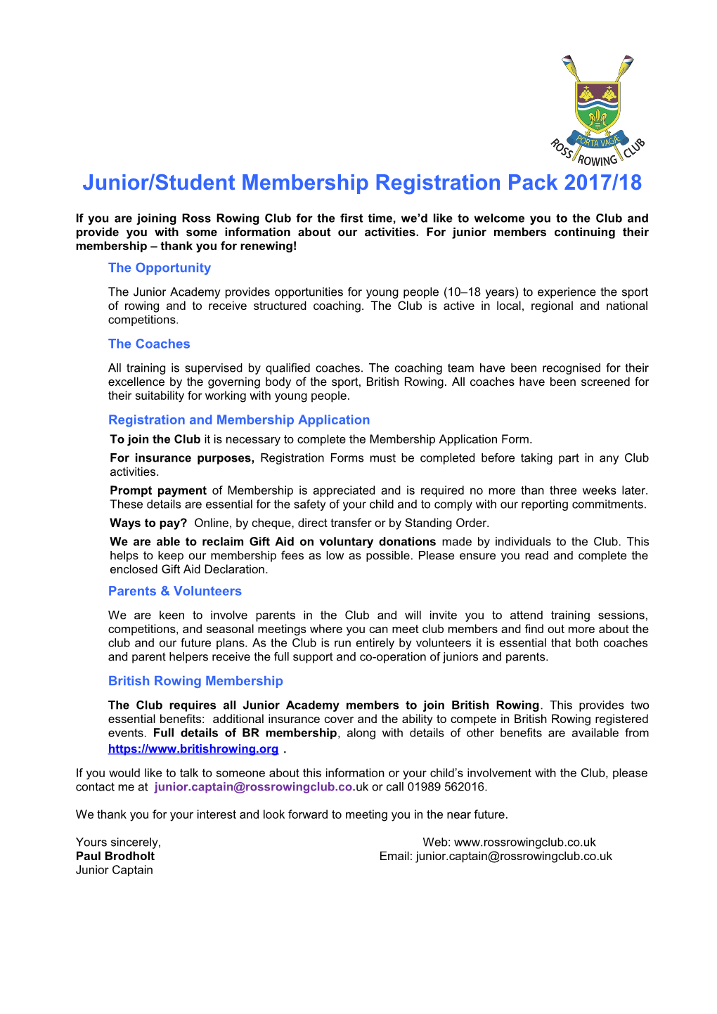 Junior/Student Membership Registration Pack 2017/18