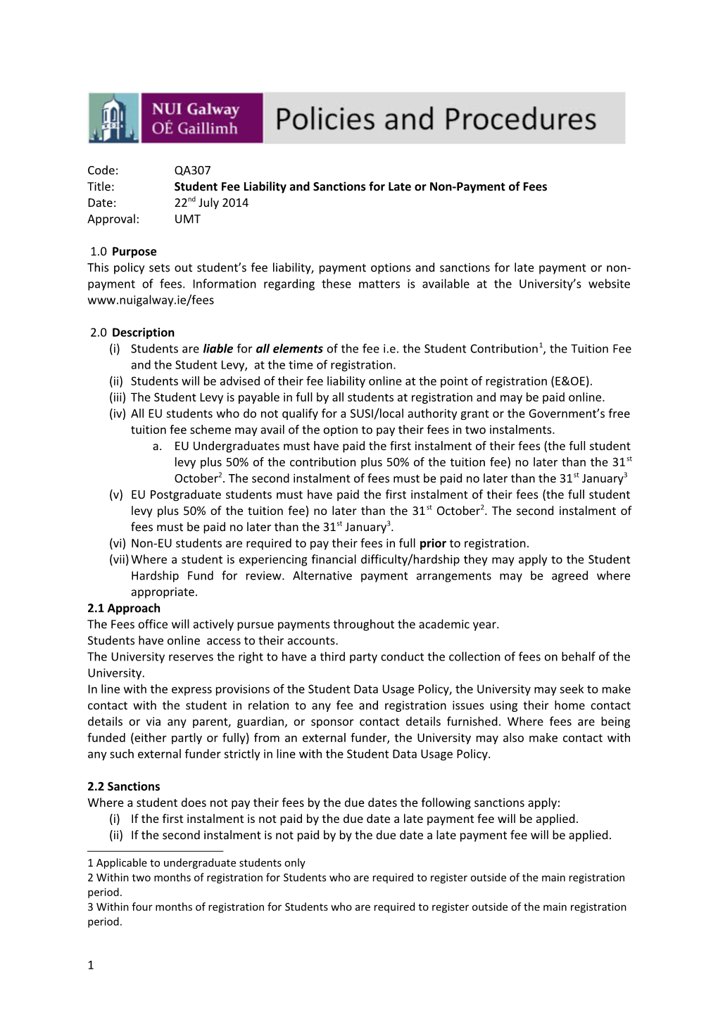 Title: Student Fee Liability and Sanctions for Late Or Non-Payment of Fees