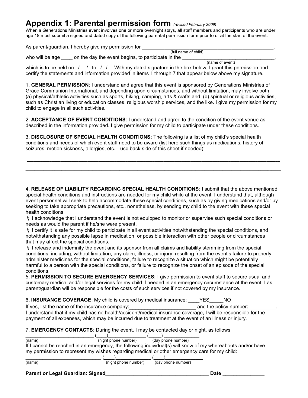 Appendix 1: Parental Permission Form (Revised February 2009)